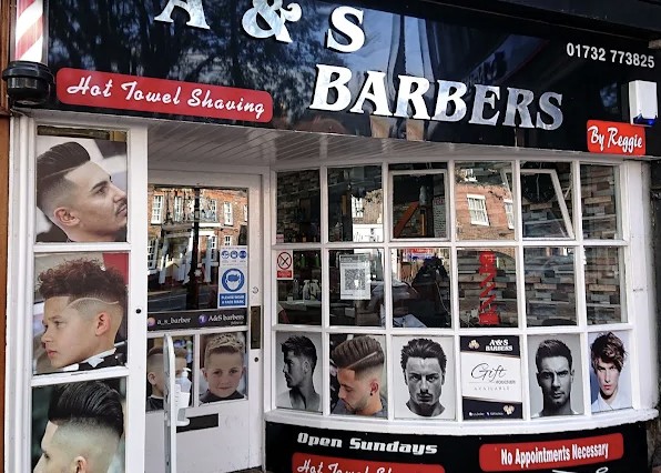 A and S Barbers shopfront at 128 High Street, Tonbridge. Hot towel shaving, open Sundays, no appointments necessary.